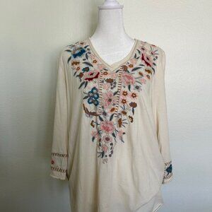 Johnny Was Tunic Top T-shirt Womens Cream Embroidered Long Sleeve Floral SZM